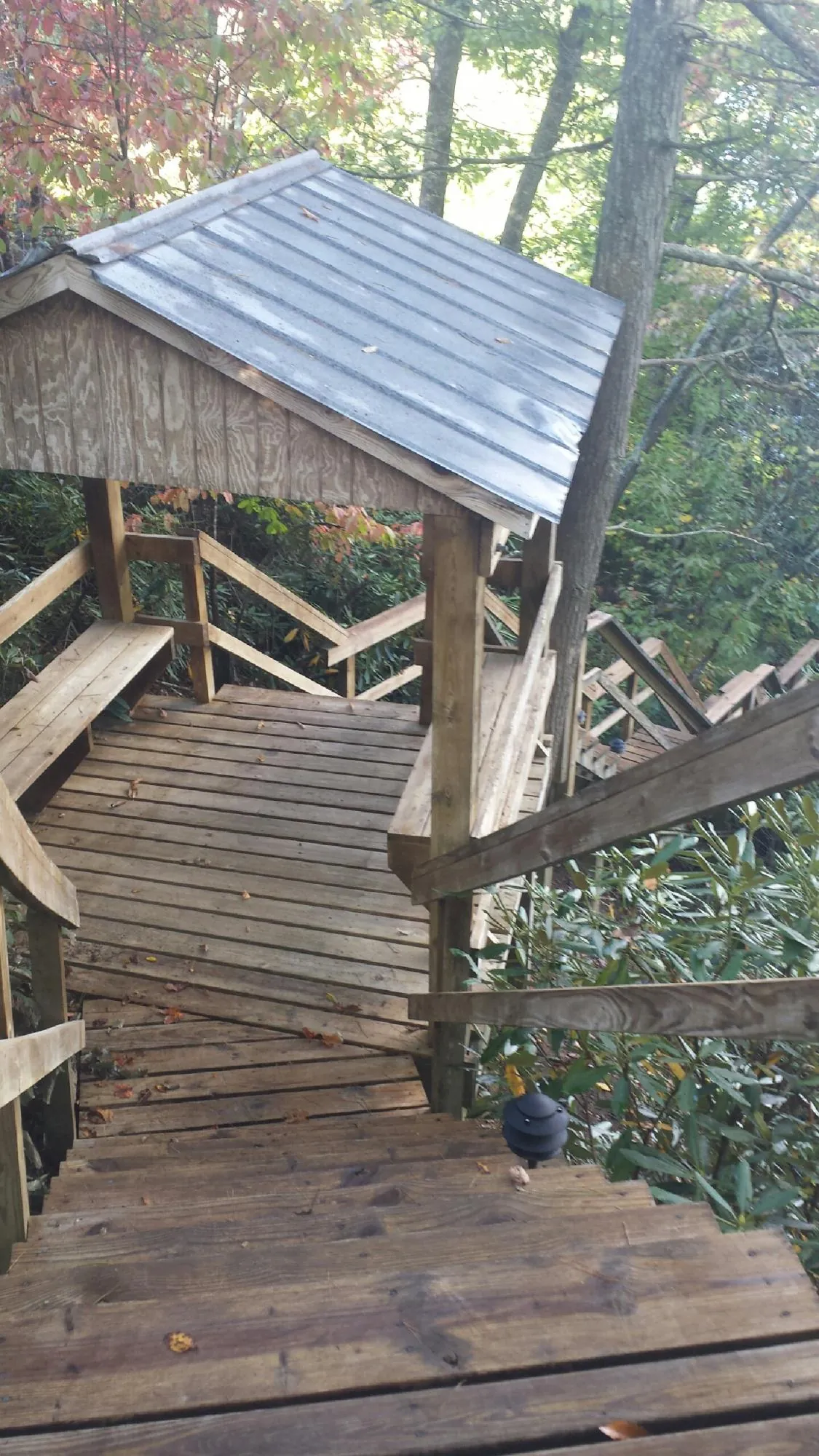 Metal roofed shelter over wooden steps on a wooded walkway — Skylight Repair & Installation work by our crew in Elk Park